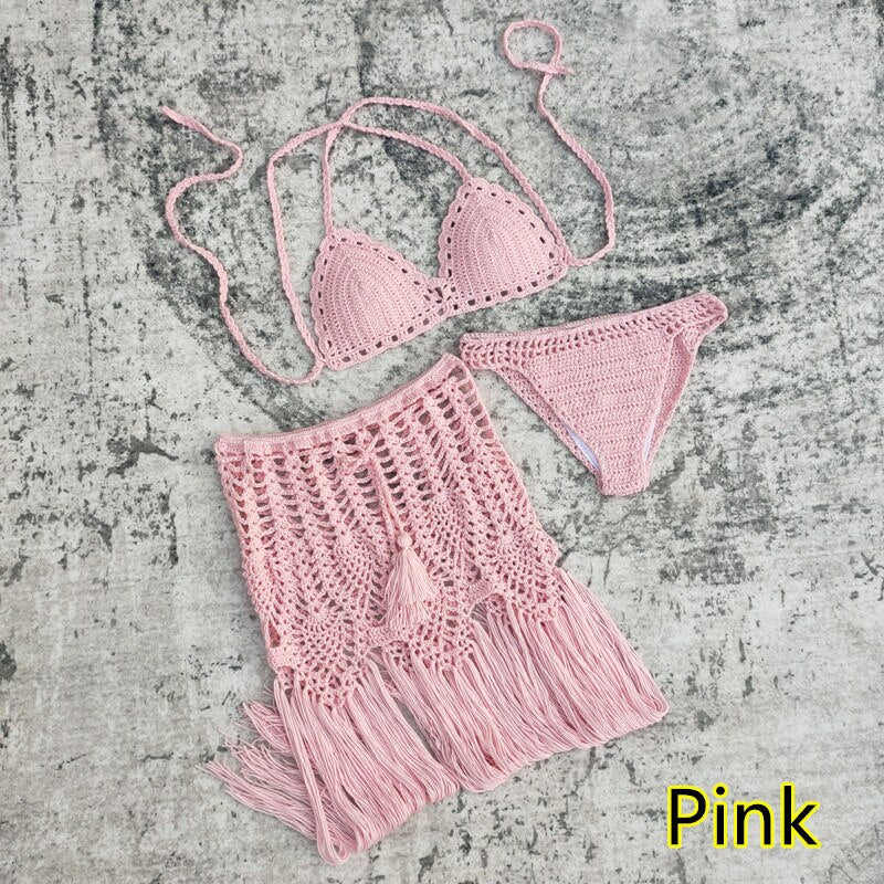 Women's pink sheer crochet bikini crop top