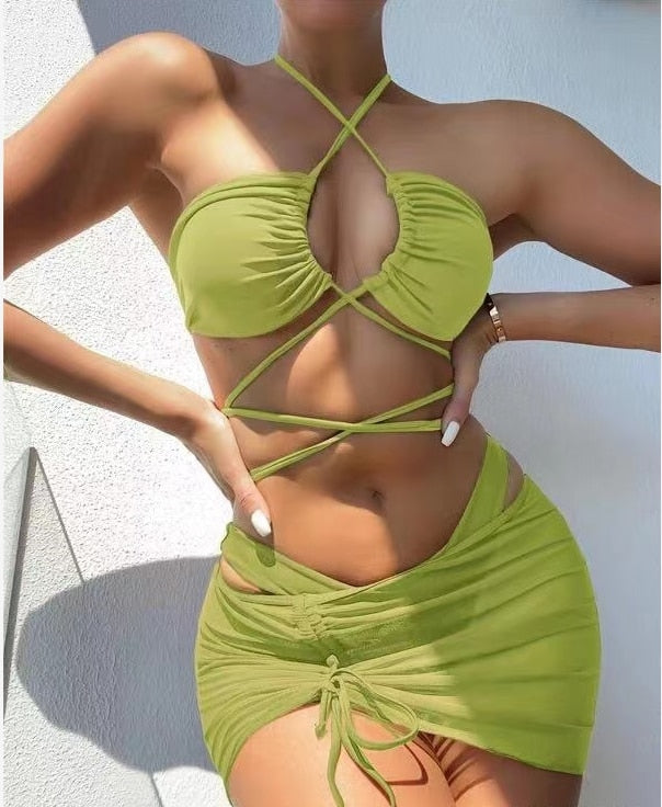 Women's dark green high waist 3-Piece swimsuit