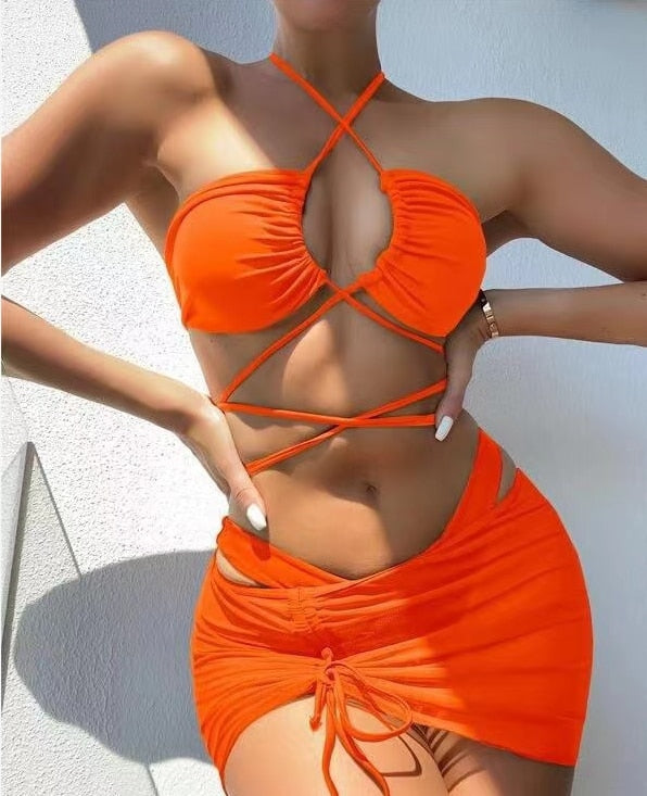 Women's orange high waist 3-Piece swimsuit