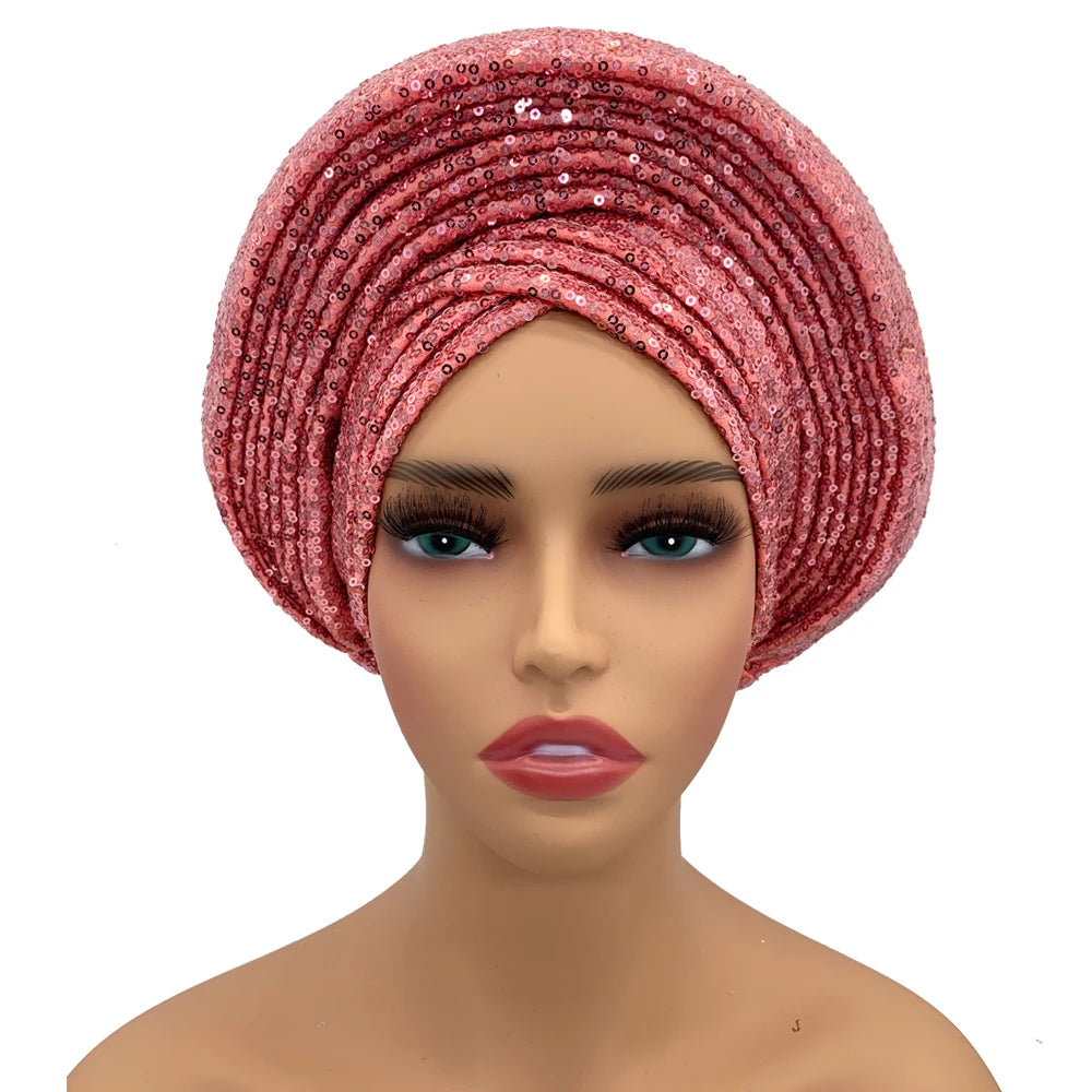Women's watermelon red sequin turban cap