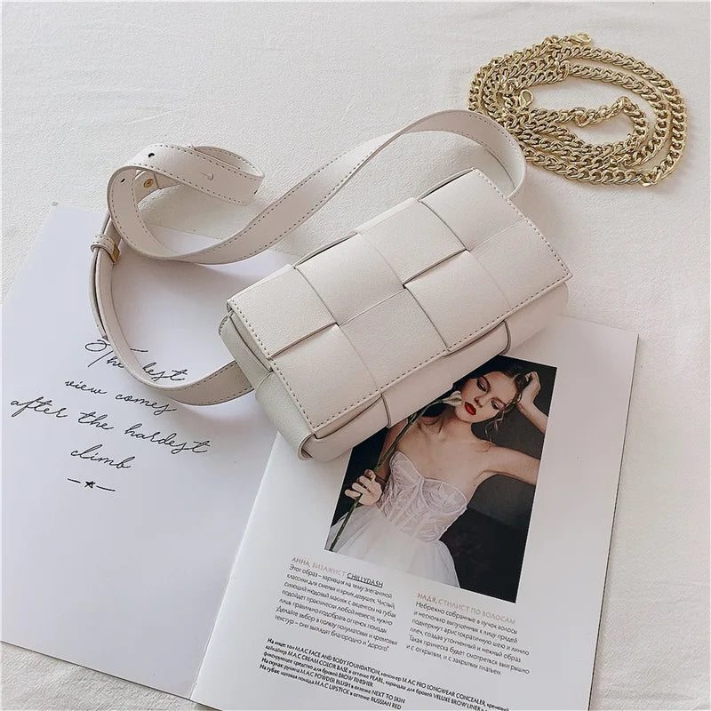 Women's white woven leather belt bag