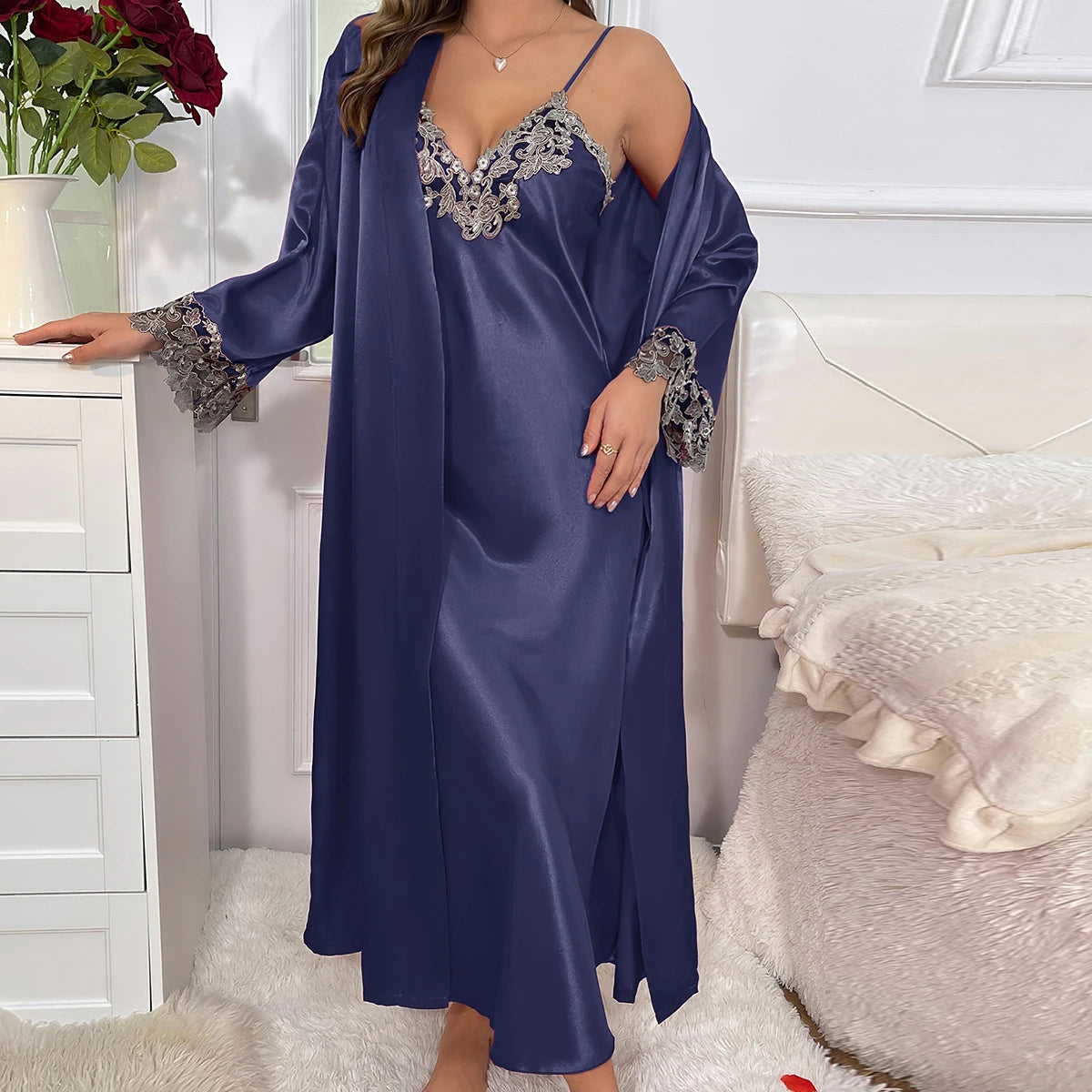 Women's navy lace belted robe & slip set