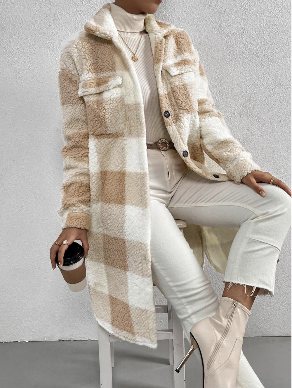 Women's apricot and white plaid plush cardigan coat