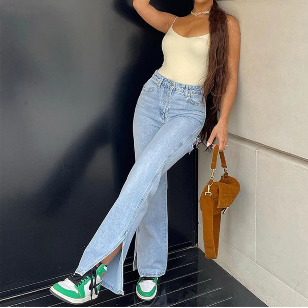 Alternate view: Women's ripped hem slit jeans