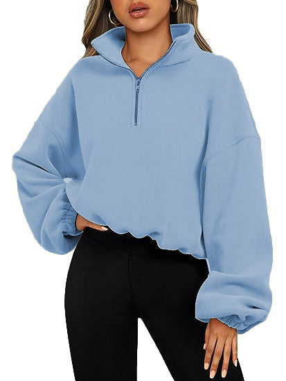 Women's light blue stand collar hoodie