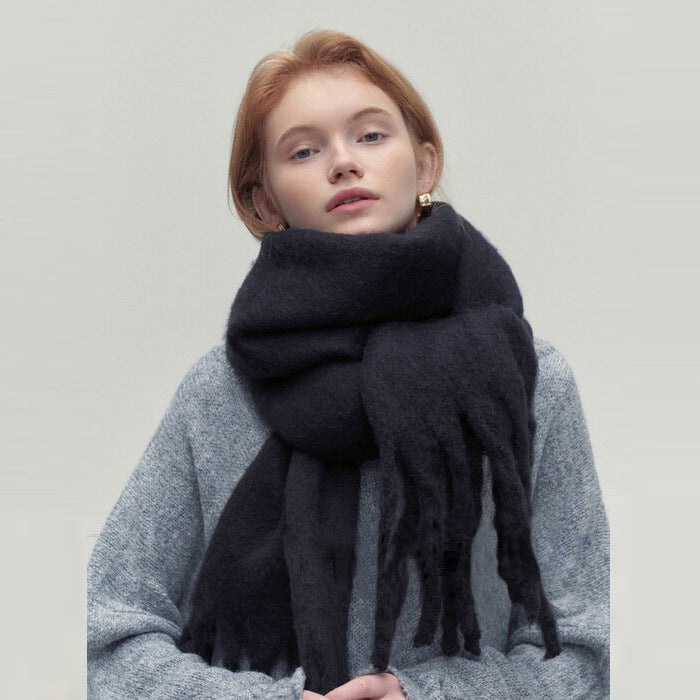 Women's black tassel winter scarf