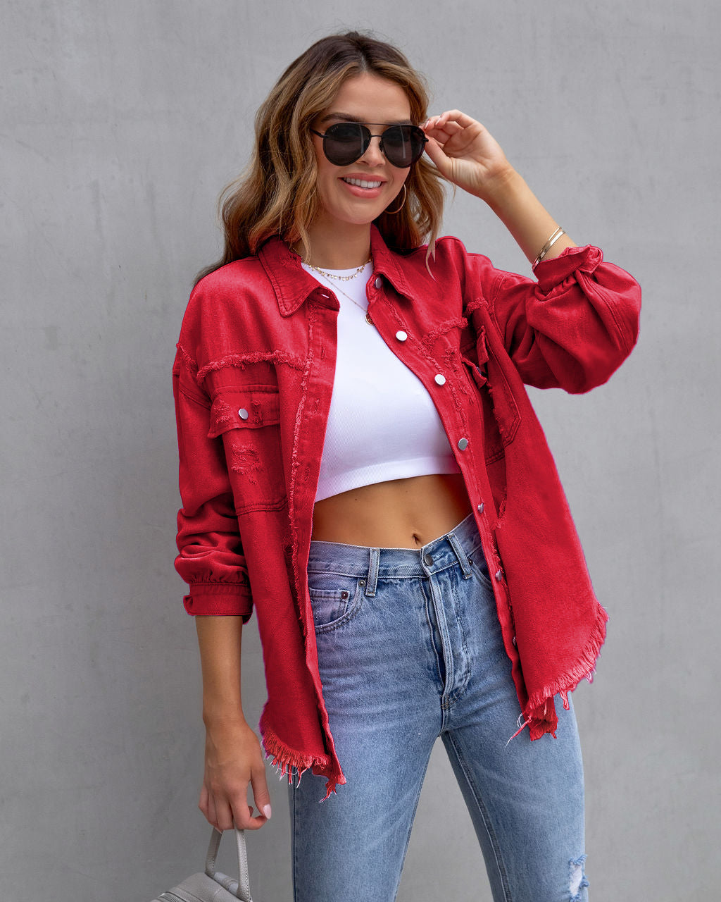 Women's red ripped shirt jacket