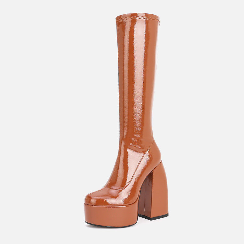 Women's plus velvetbrown glossy leath chunky heel boots
