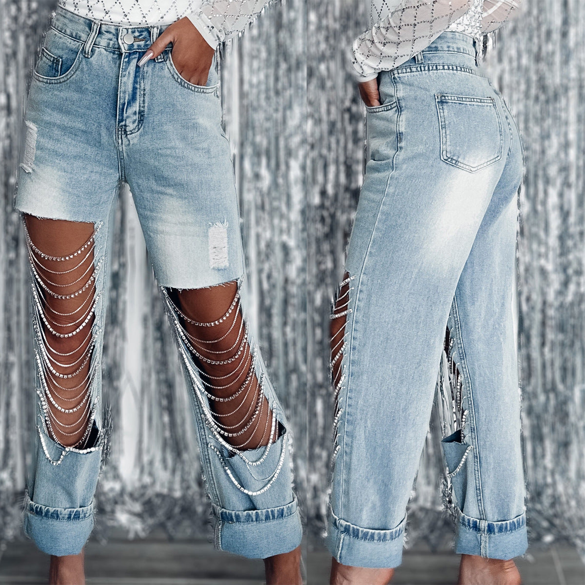 Alternate view: Women's chain ripped jeans