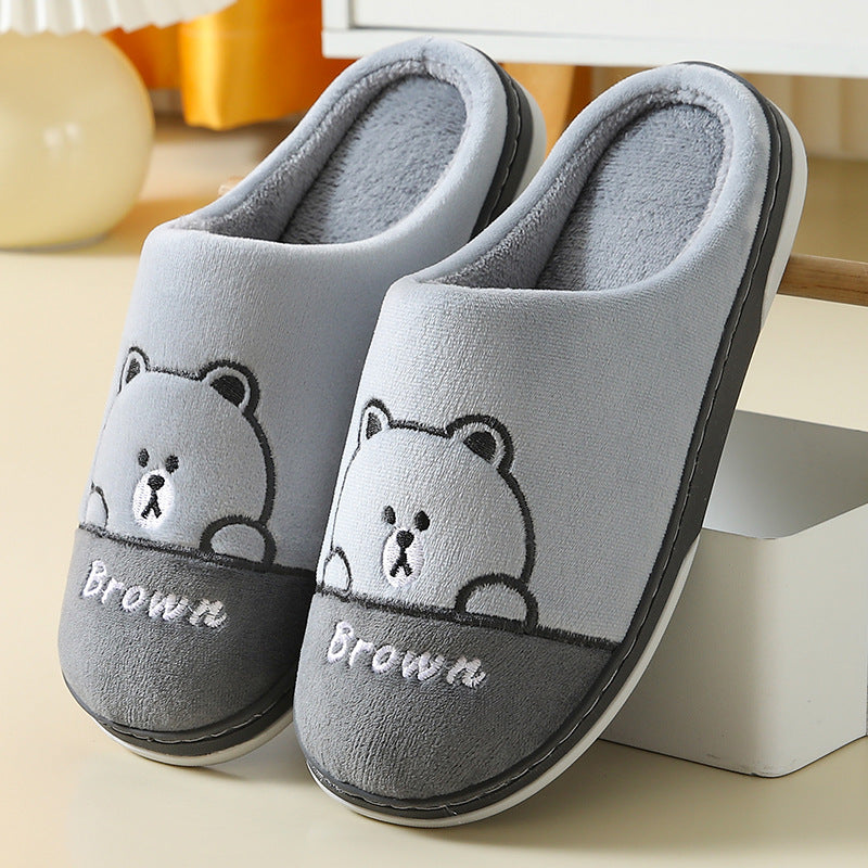 Women's grey bear plush slippers