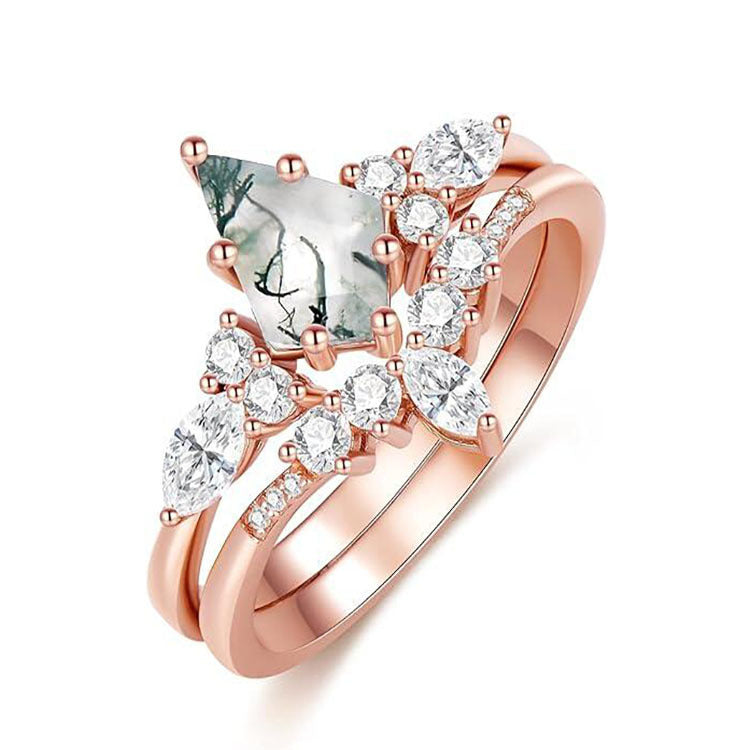 Women's rose gold moss agate ring set