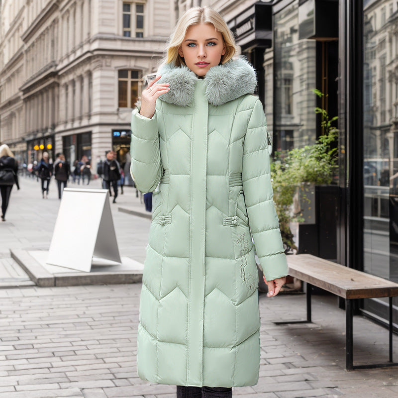 Women's light green fur collar long coat