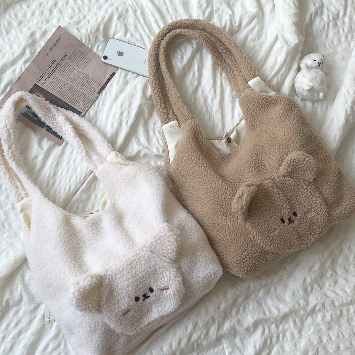 Women's 3D bear lamb wool bag