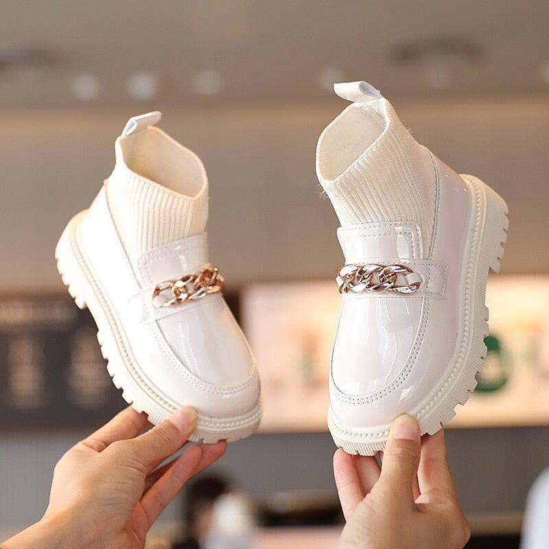 Girls beige metal chain boots
