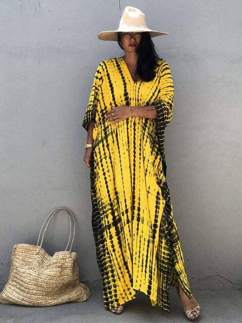Women's black and yellow boho beach cover up