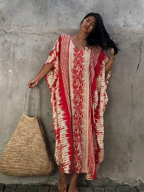 Women's red striped print kaftan beach cover up