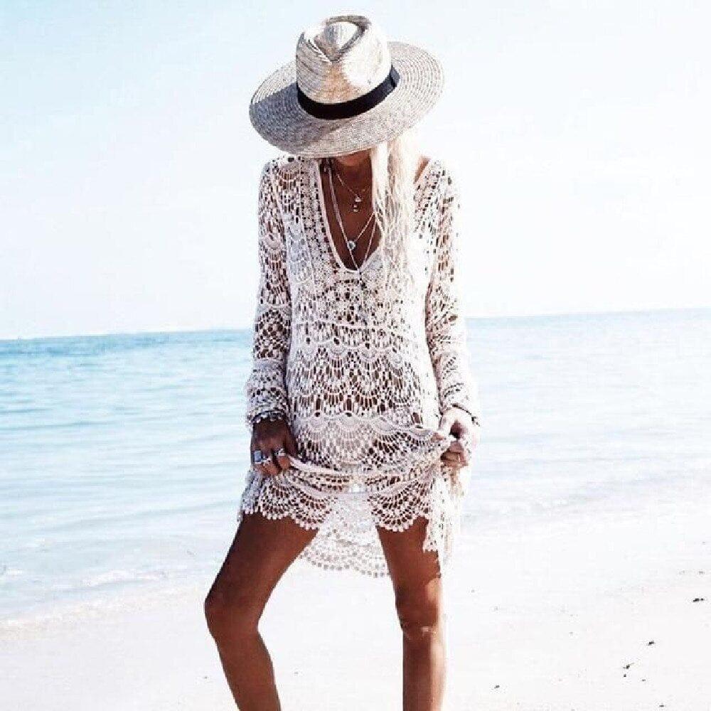 Women's white crochet beach cover up
