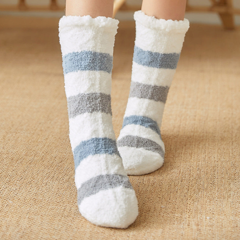 Women's blue gray striped coral velvet fleece socks
