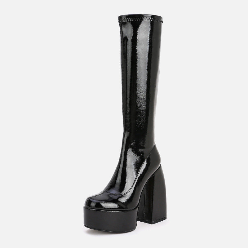 Women's plus velvetblack glossy leath chunky heel boots