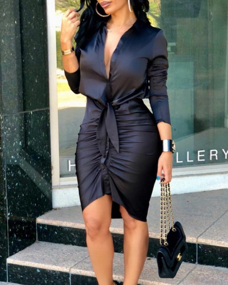 Women's black lace-up midi shirt dress