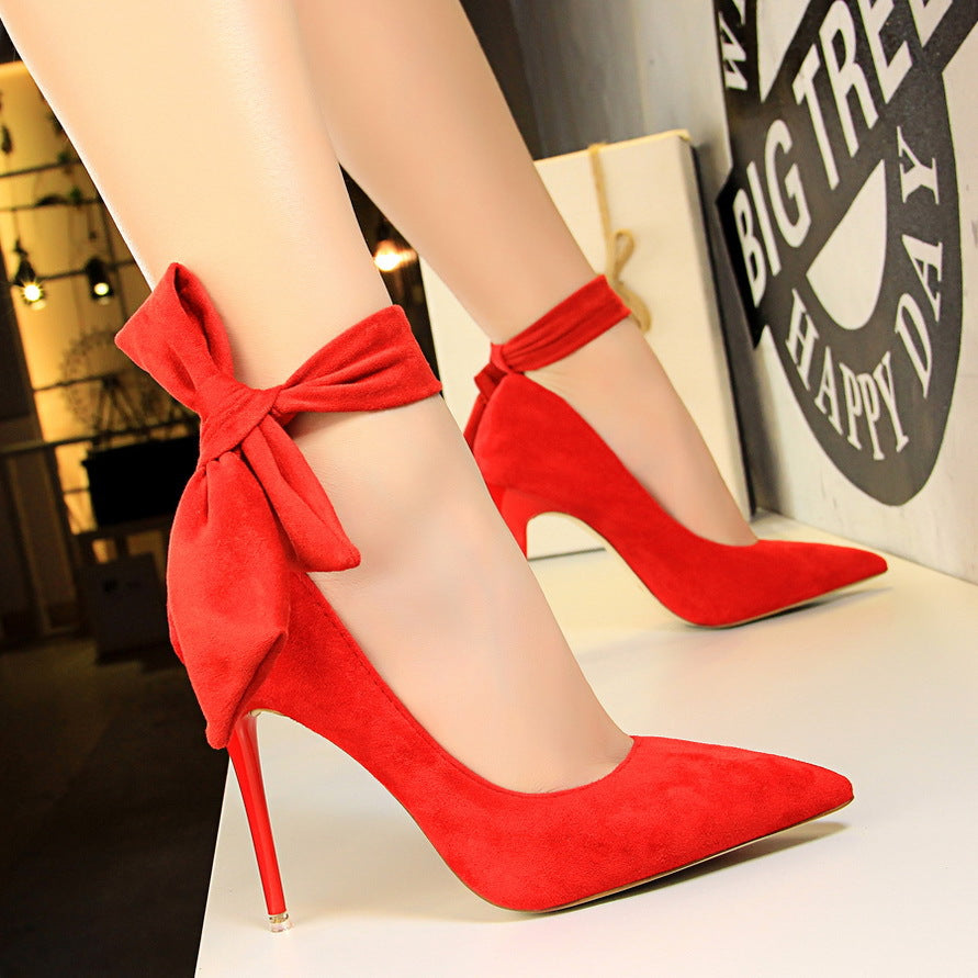 Women's red bow knot pointed heels