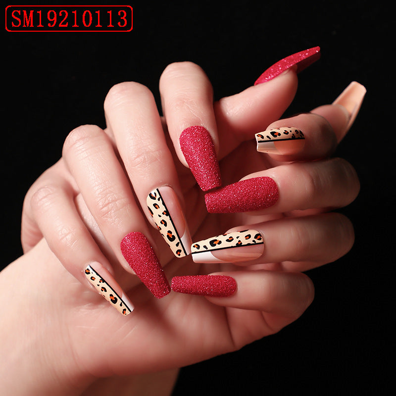 Red leopard print false nails