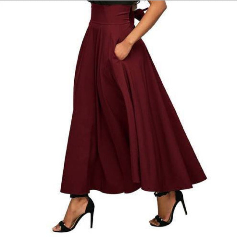 Women's wine red long polyester skirt