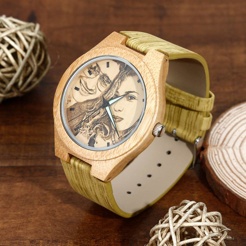Unisex light green engraved bamboo photo watch