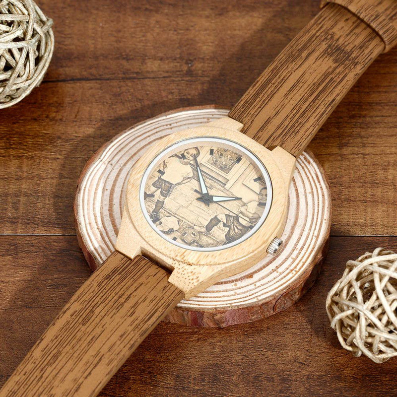 Unisex engraved bamboo photo watch