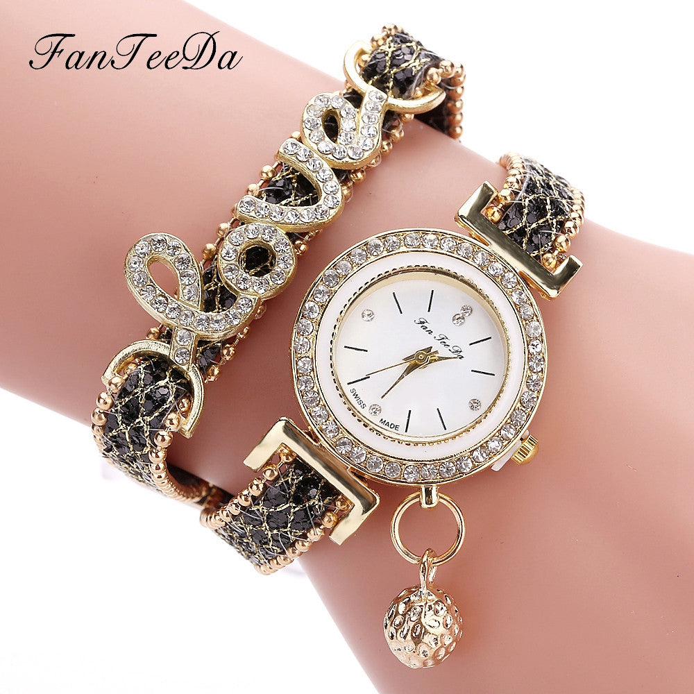 Women's black rhinestone bracelet watch