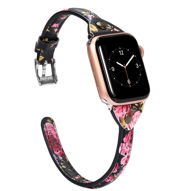 Unisex tnail belt black pink flower high end leather watch