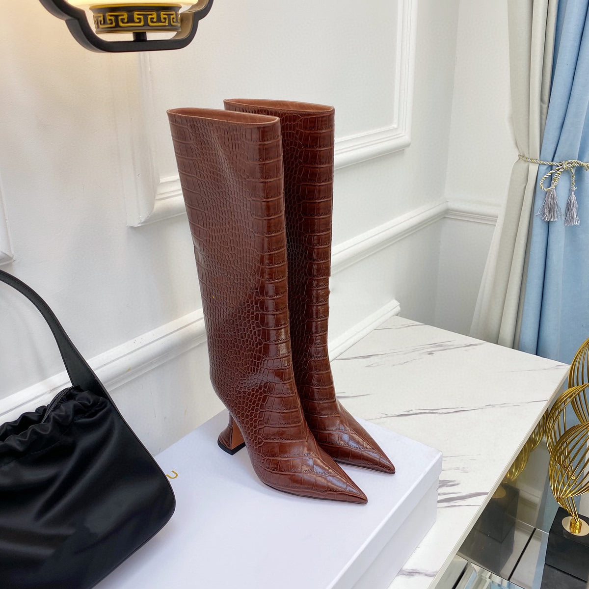 Women's dark brown printed high boots