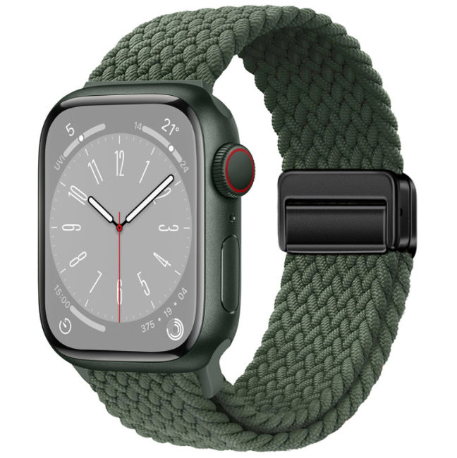 Unisex dark olive green black button woven loop watch band