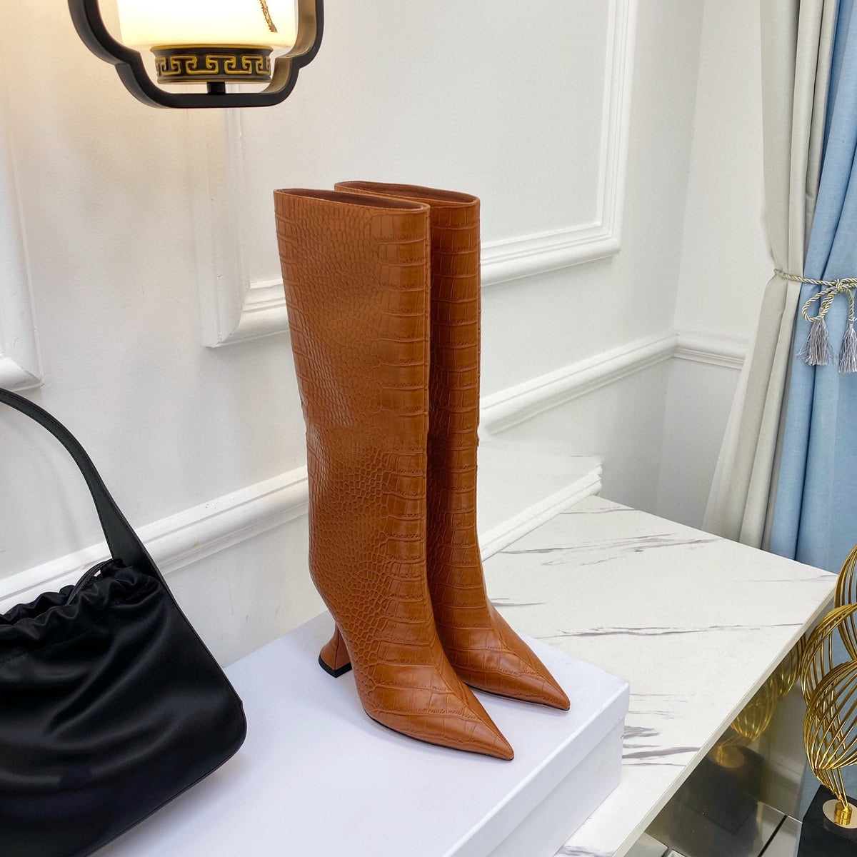 Women's light brown printed high boots