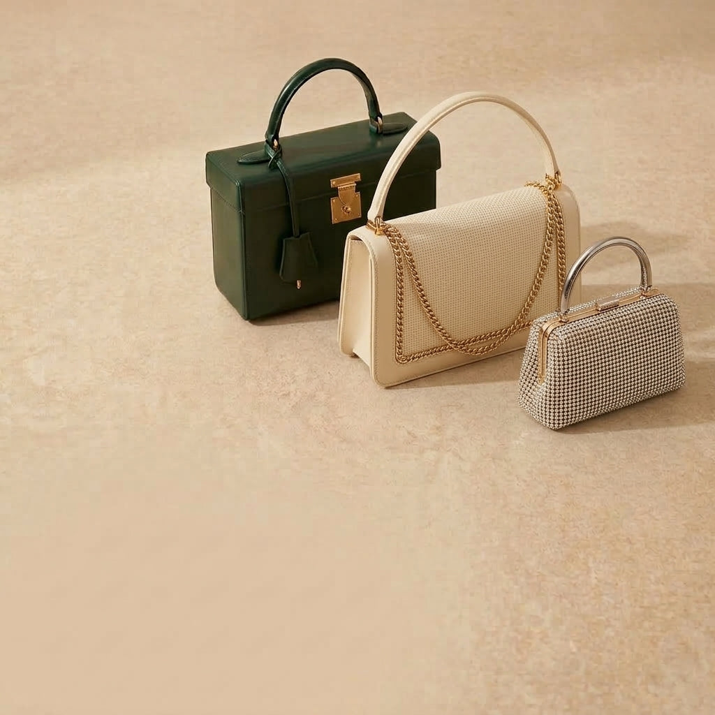 Three handbags in forest green, cream and silver on a champagne stone surface