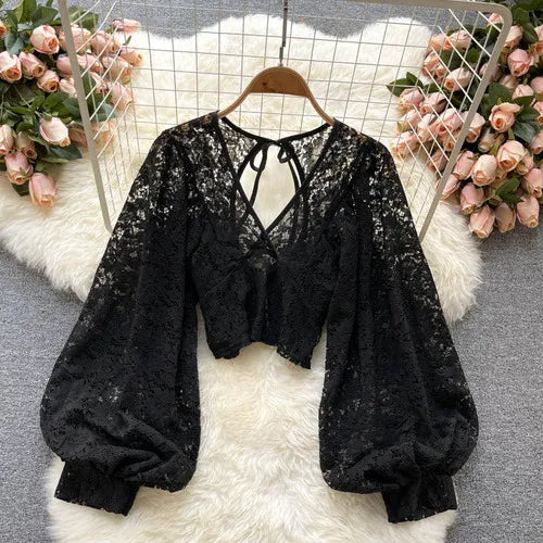 Women's black lace puff blouse