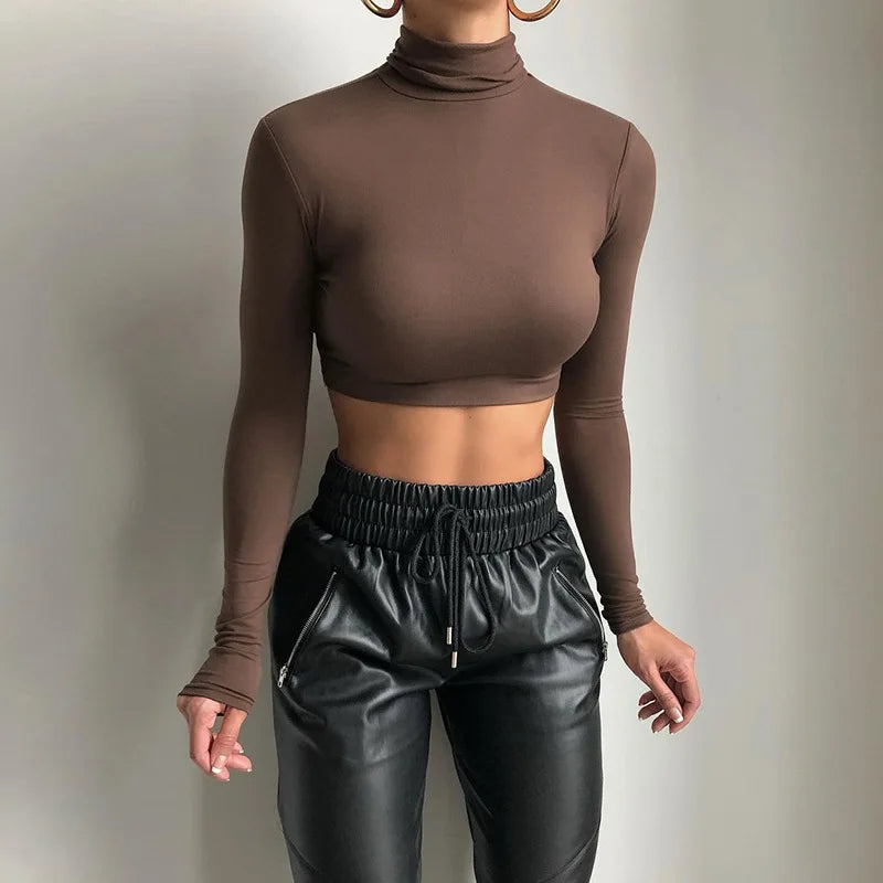 Women's brown turtleneck t-shirt