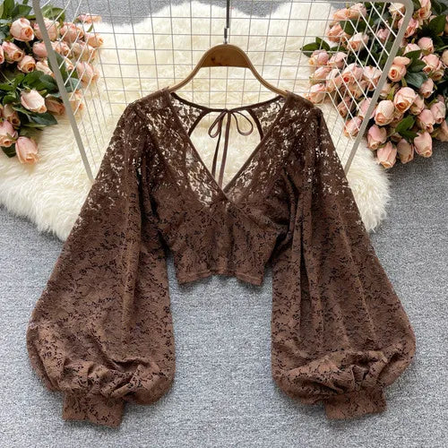 Women's brown lace puff blouse