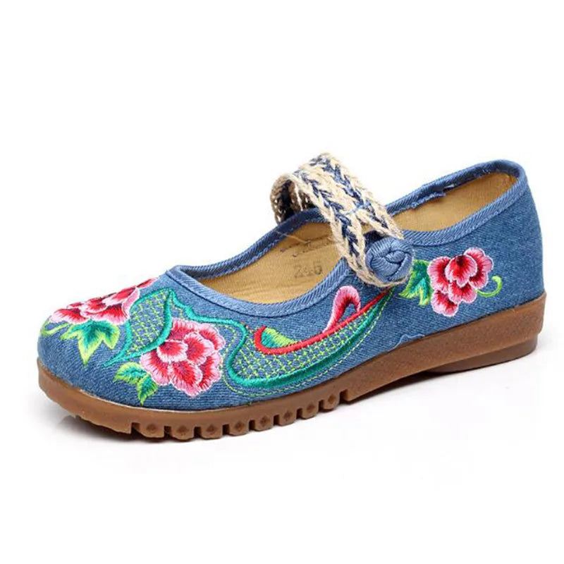 Women's blue buckle strap flats