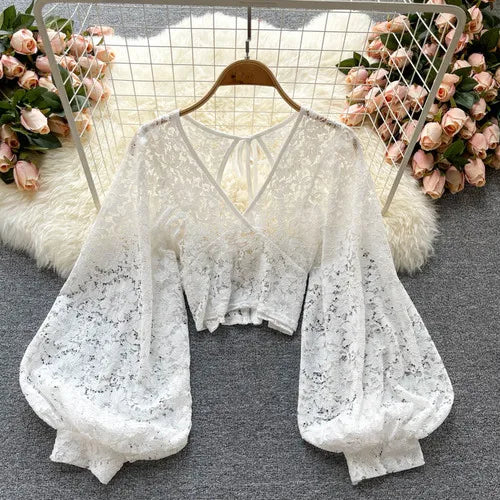 Women's white lace puff blouse