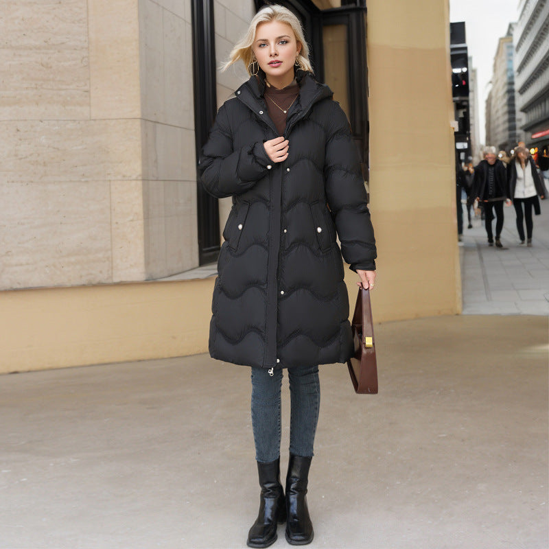 Women's black mid-length down jacket