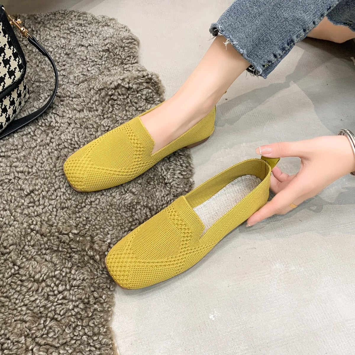 Women's yellow knit ballet flats