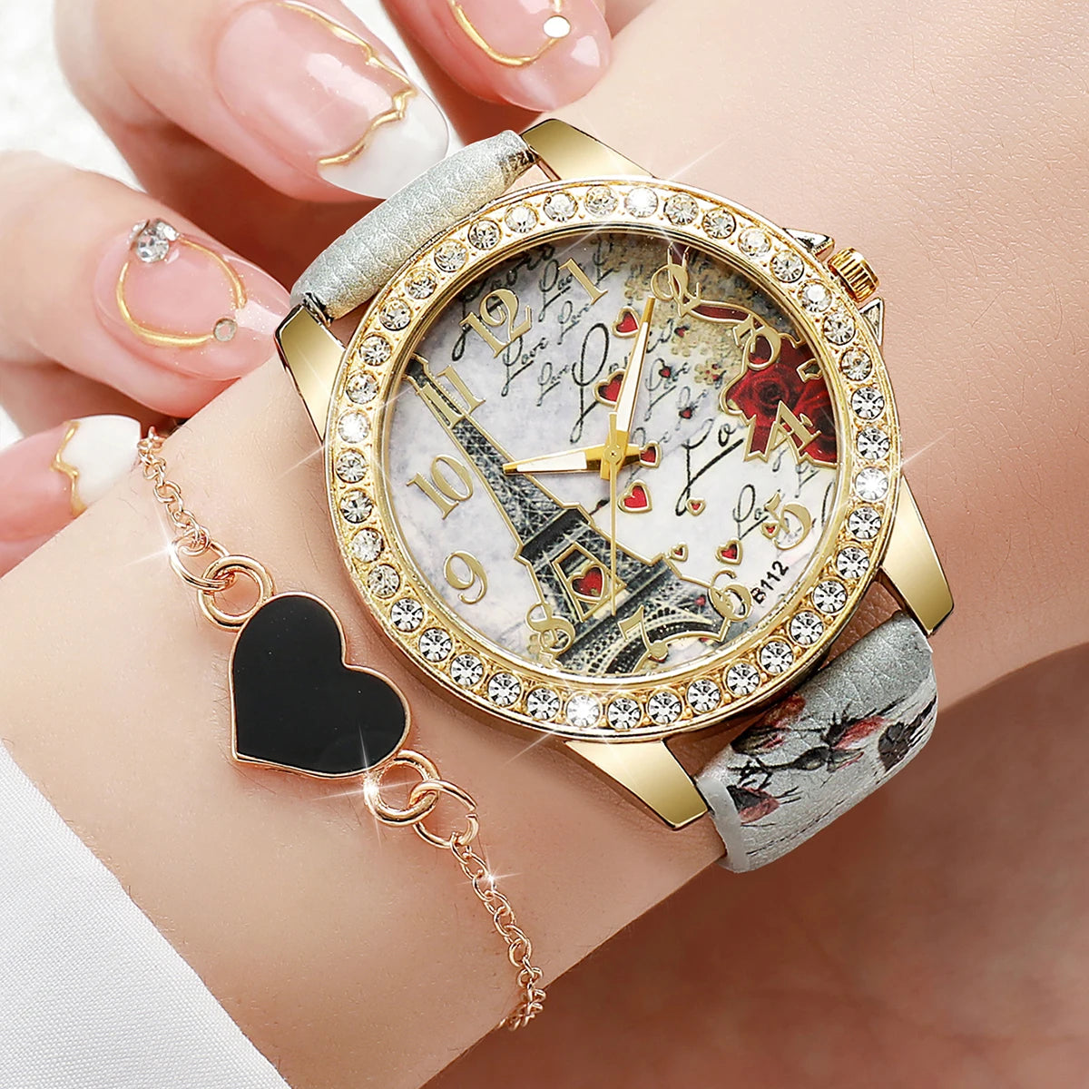 Rhinestone flower watch and bracelet set - view 8