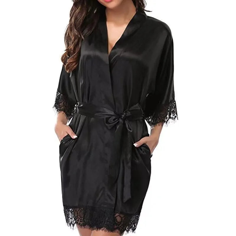 Women's black ice silk pajama robe