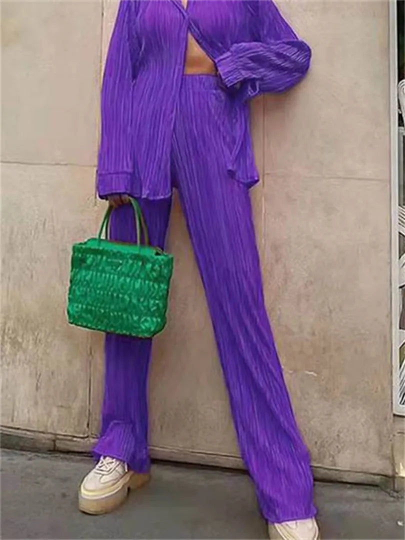 Women's purple pleated shirt & straight pants