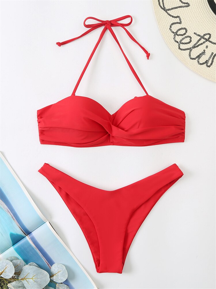 Women's red solid push up bikini set