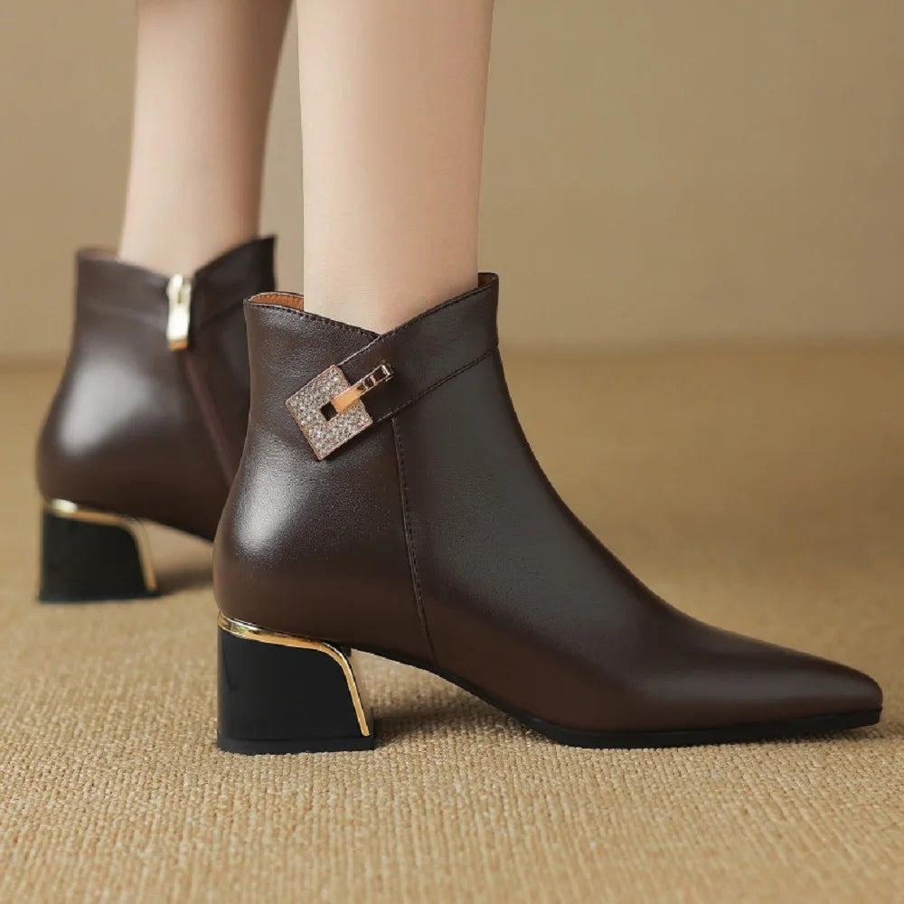 Women's genuine leather mid-heel boots