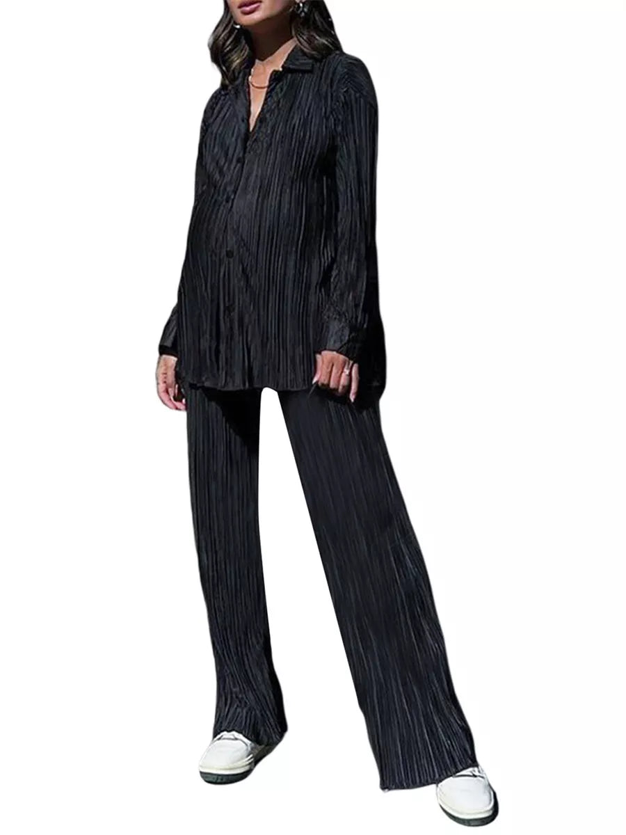 Women's black pleated shirt & straight pants