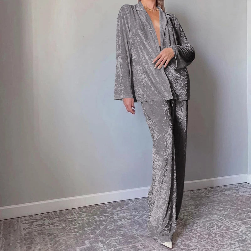 Velvet wide leg two piece pant set - view 7