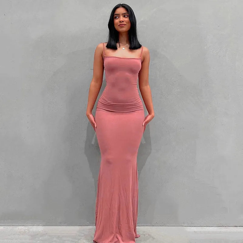 Women's pink satin slip maxi dress